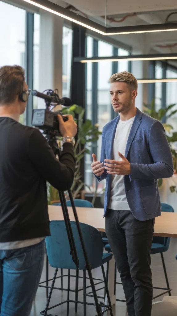 Filming a video testimonial with a customer on camera